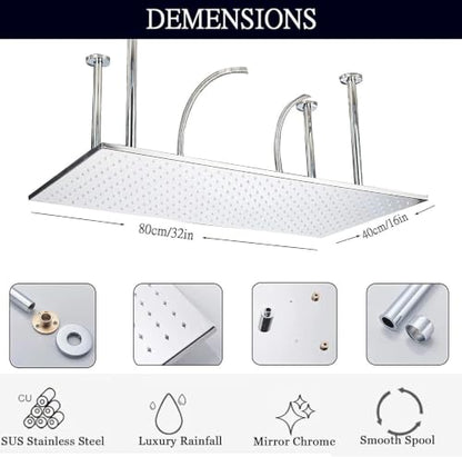 Large LED Rainfall Shower Head 16x32 Inch Chrome Waterfall Spa Shower