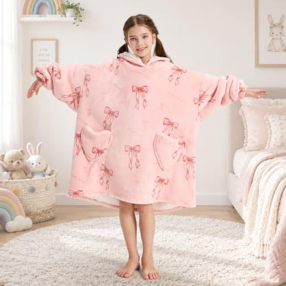 Pink Bow Wearable Blanket Hoodie for Kids 6-13 Years Oversized Christmas Gift