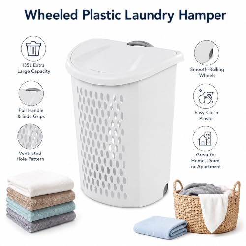 Rolling Laundry Hamper with Lid - White Plastic Wheeled Laundry Basket - Variation 1