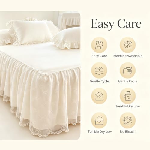 Cream White Ruffle Lace Bed Skirt for California King Bed - 17in Drop