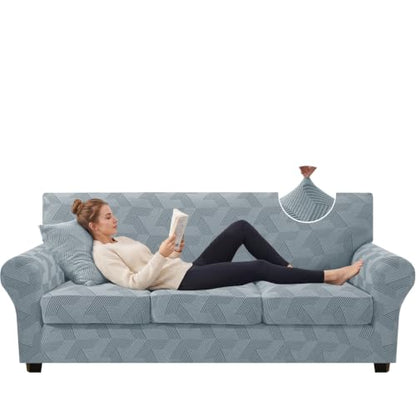 Light Grey 4-Piece Stretch Couch Cover for 72-90 Inch Sofa - Rectangle Pattern, Thick & Washable