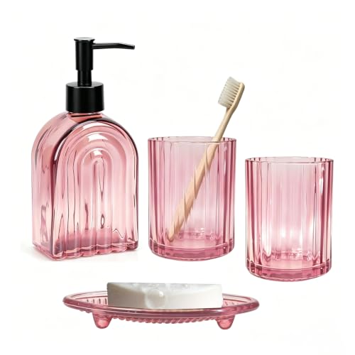 Glass Bathroom Accessories Set - 4 Piece Pinkish Tumbler Soap Dispenser & Dish