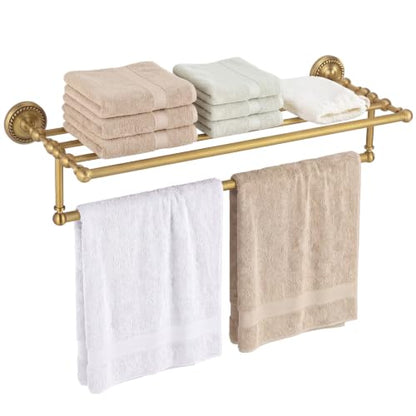 24-Inch Victorian Style Brass Foldable Towel Rack with Hooks - Gold