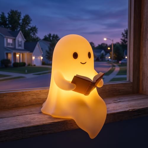 Cute Ghost Reading Book Halloween Ornament - Light Up Indoor Decor