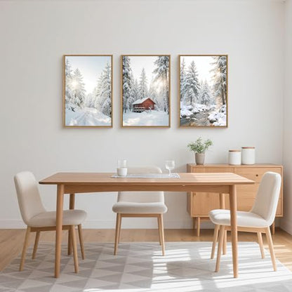 Christmas Winter Canvas Wall Art Set - Red Barn Snowy Forest Landscape 16x24 in - Farmhouse Cabin Decor with Framed Prints - Variation: Red Cabin in Snowy Forest