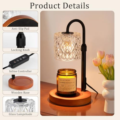 Walnut Candle Warmer Lamp with Timer - Clear Glass Shade, Dimmable & Adjustable Height