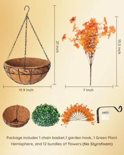 Artificial Fall Orange Mums Flowers Planter Hanging Basket for Outdoors - Fall Orange