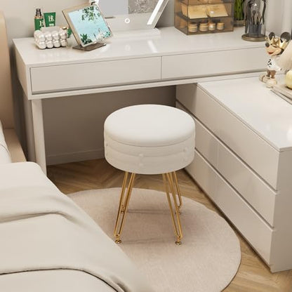 Round Velvet Vanity Stool with Storage – White Faux Fur Makeup Chair, 4 Metal Legs