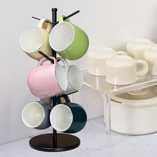 Premium Mug Tree with 6 Hooks - Stable Metal Cup Rack with Bamboo Base, Black