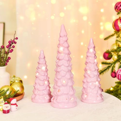Pink Ceramic Christmas Trees Light Up Set of 3 - Holiday Decor