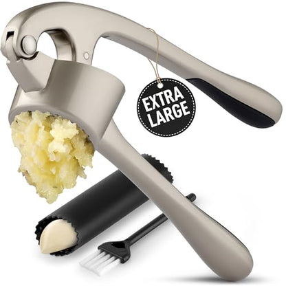 Zulay Kitchen Premium Garlic Press Set - Rust Proof & Dishwasher Safe Professional Garlic Mincer Tool - Easy-Squeeze, Easy-Clean with Soft, Ergonomic Handle - Silicone Garlic Peeler & Brush (Chrome)