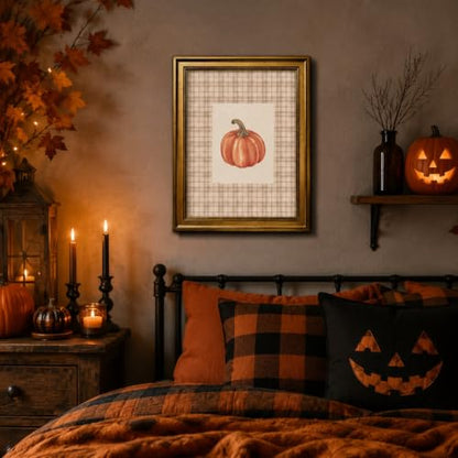 Watercolor Pumpkin Wall Art Prints with Retro Gold Frame - 8x10 Inch Fall Decor