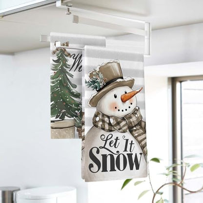 Hello Winter Snowman Kitchen Dish Towels Set of 2 - Festive Farmhouse Decor