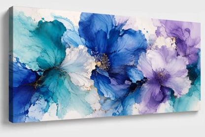 Aqua Indigo Bloom Floral Canvas Wall Art - 58x28 Inch Framed Botanical Decor