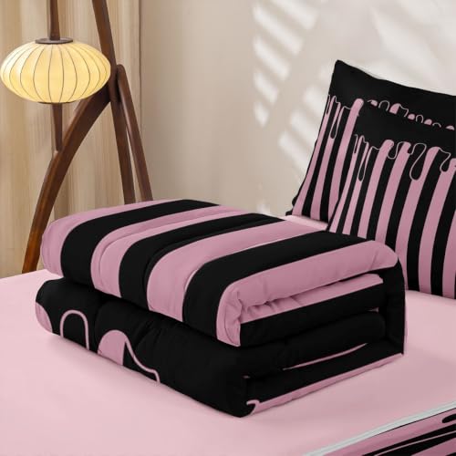Black Pink Striped Zipper Bedding Set Twin with Comforter & Sheets for Kids - Minimalist Geometric Lines Bed in a Bag - Variation: Black Pink / Twin