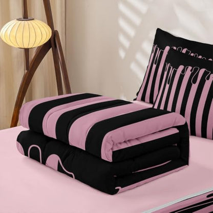 Black Pink Striped Zipper Bedding Set Twin with Comforter & Sheets for Kids - Minimalist Geometric Lines Bed in a Bag - Variation: Black Pink / Twin