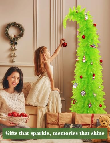 6FT Lime Green Christmas Tree with Whimsical Design, Tree Skirt & Red Ornament Set