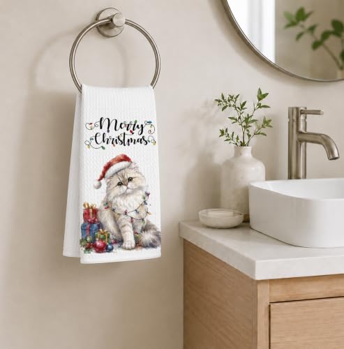 Santa White Cat Kitchen Towel - Christmas Winter Decor, 16x24in