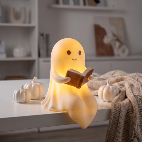 Cute Ghost Reading Book Halloween Ornament - Light Up Indoor Decor