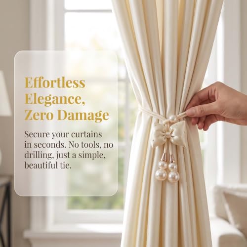 Blue Pearl Bow Curtain Tiebacks 2 Pack No-Drill Adjustable Home Decor
