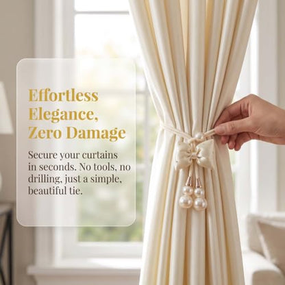 Blue Pearl Bow Curtain Tiebacks 2 Pack No-Drill Adjustable Home Decor