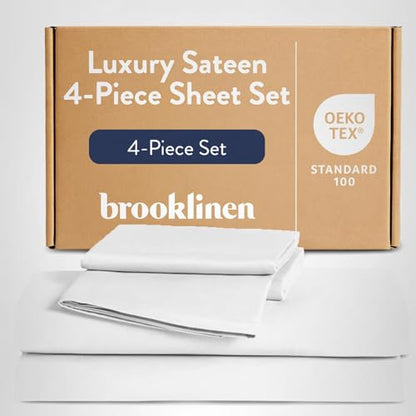 Brooklinen Luxury Sateen 4 Piece Sheet Set - 100% Cotton Bed Sheets, Soft & Durable Piece King Size Sheets Set in White, Oeko-TEX Certified Bedding Set, 1 Fitted Sheet, 1 Flat Sheet, 2 Pillowcases