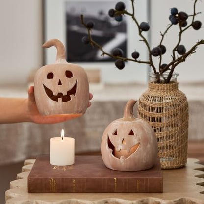 Halloween Fall Pumpkin Decor Tealight Holders, Jack O Lantern Set, Terracotta