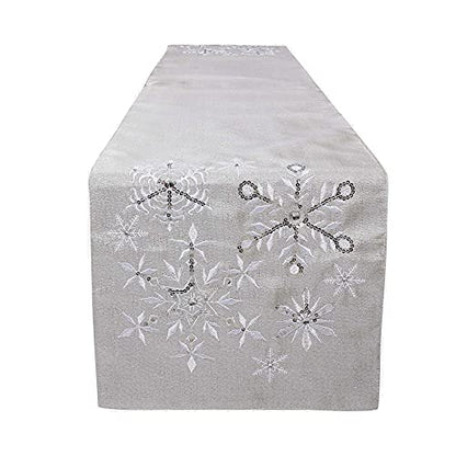 Christmas Snowflake Silver Grey Table Runner 14x70 Inch Embroidered Holiday Decor