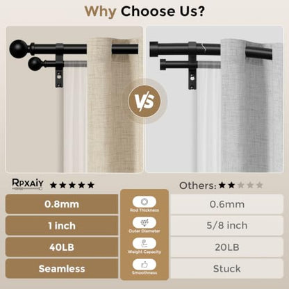 Heavy Duty Black Double Curtain Rod 36-153 Inch - 1 Inch Dual Rods, Adjustable Seamless Support