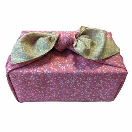 Large Reversible Furoshiki Japanese Wrapping Cloth 27.6 Inch Cherry Blossom Design Leaf Green & Pink - Eco Gift Wrap & Bento Bag
