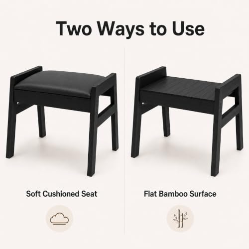BAMBOOHOMIE Black Bamboo Foot Stool Ottoman with Removable Cushion & Handles