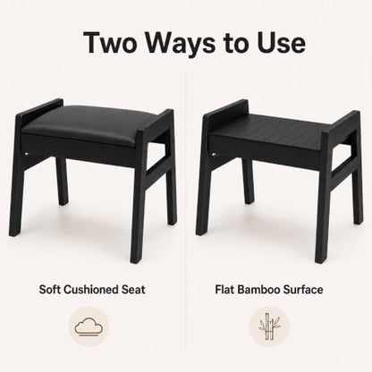 BAMBOOHOMIE Black Bamboo Foot Stool Ottoman with Removable Cushion & Handles