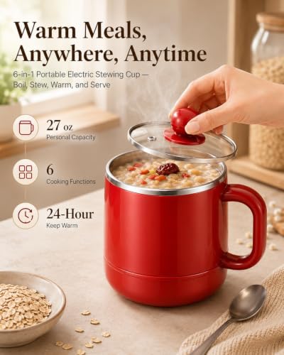 Electric Stewing Cup 27oz 6-in-1 Portable Cooking Kettle Beige with Filter