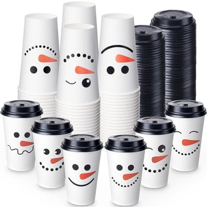 Disposable Christmas Snowman Paper Cups with Lids 16 oz - Pack of 120