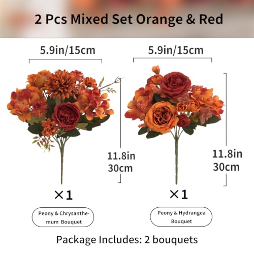 Artificial Fall Peony & Hydrangea Bouquet Set - Orange Red / Mixed 2pcs