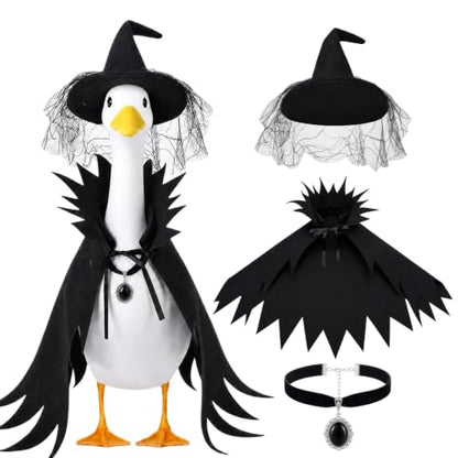 Halloween Witch Porch Goose Costume with Lace Spider Web Hat - Black2