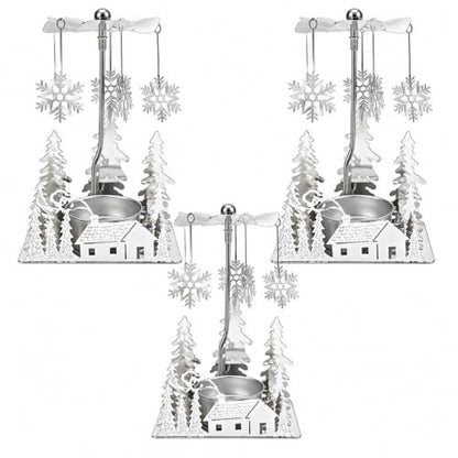 Winter Cabin Silver Holiday Candle Spinner Set of 3 - Laser Cut Christmas Scene, Christmas Decor