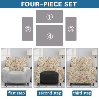 Universal Fit Retro Ditsy Flower Recliner Cover 4-Piece Set - French Countryside Style