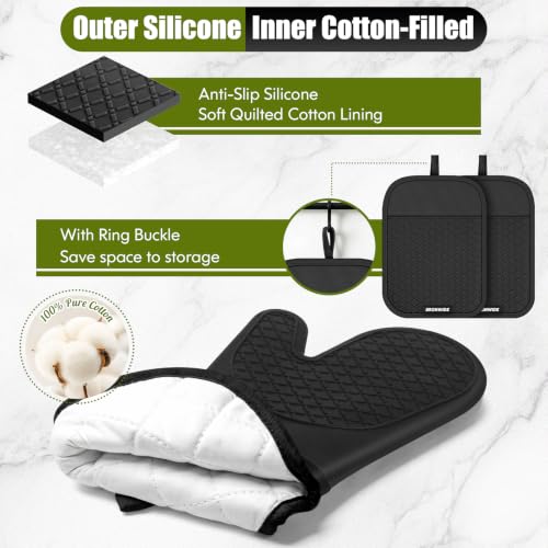 Black Silicone Oven Mitts and Pot Holders Set with Kitchen Towels - Heat Resistant 500°F