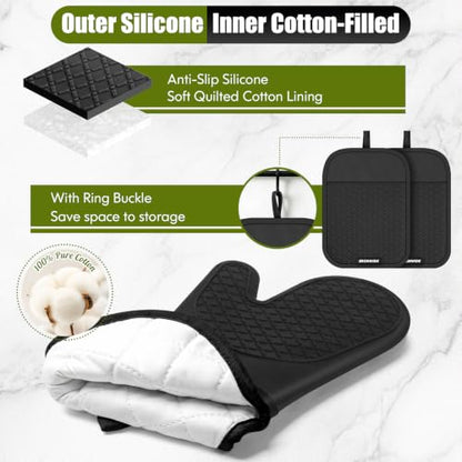 Black Silicone Oven Mitts and Pot Holders Set with Kitchen Towels - Heat Resistant 500°F