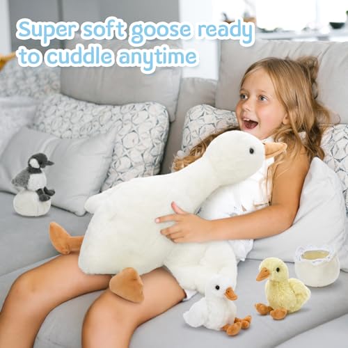 23.6-Inch Goose Stuffed Animal with Babies & Eggs Plush Pillow - Soft Nursery Decor