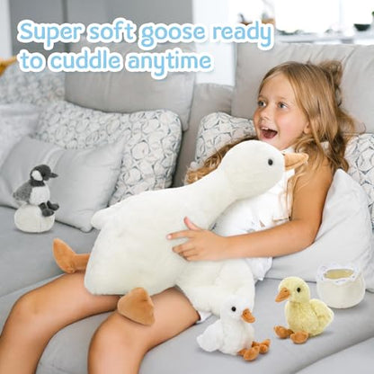 23.6-Inch Goose Stuffed Animal with Babies & Eggs Plush Pillow - Soft Nursery Decor