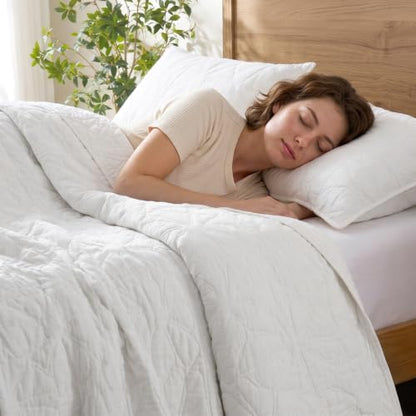 Queen Size Cotton Quilt Set with Floral Stitching - Bright White, 100% Cotton