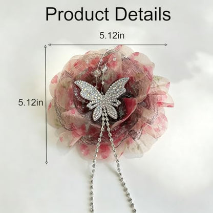 Dark Pink Organza Curtain Flower Clips with Butterfly Decor - 4 Pack