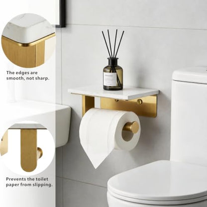 Gold Wall-Mounted Toilet Paper Holder with Marble Shelf - Modern Bathroom Accessory