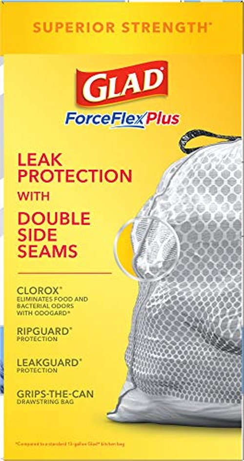 Glad Trash & Food Storage Tall Kitchen Trash Bags ForceFlexPlus With Clorox, 13 Gallon, Mountain Air 90 Count (Package May Vary),White-Gray