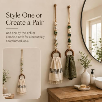 Decorative Beaded Towel Hanger with Wooden Ring, Boho Wall Decor - Mix-2pcs