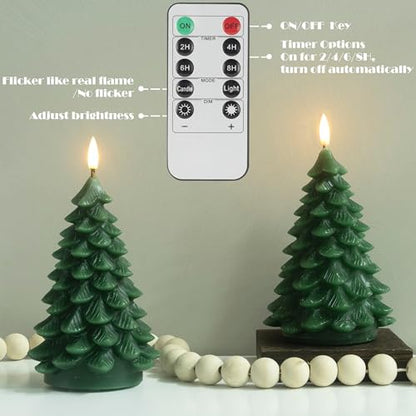 Christmas Tree Flameless Candles with Remote 2-Pack, Green Wax, Battery Operated