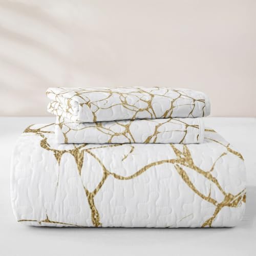White Gold Metallic Marble Twin Quilt Set - Lightweight All-Season Bedding