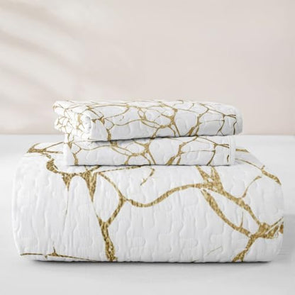 White Gold Metallic Marble Twin Quilt Set - Lightweight All-Season Bedding
